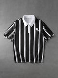 Men's Black and White Vertical Stripe Polo Shirt, New Summer Business Casual Short Sleeve T-Shirt, Horse Logo Loose Fit Top, Daily Casual Basic Top, Versatile Apparel for Home and Outings - Mixed colors
