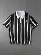 Men's Black and White Vertical Stripe Polo Shirt, New Summer Business Casual Short Sleeve T-Shirt, Horse Logo Loose Fit Top, Daily Casual Basic Top, Versatile Apparel for Home and Outings - Mixed colors