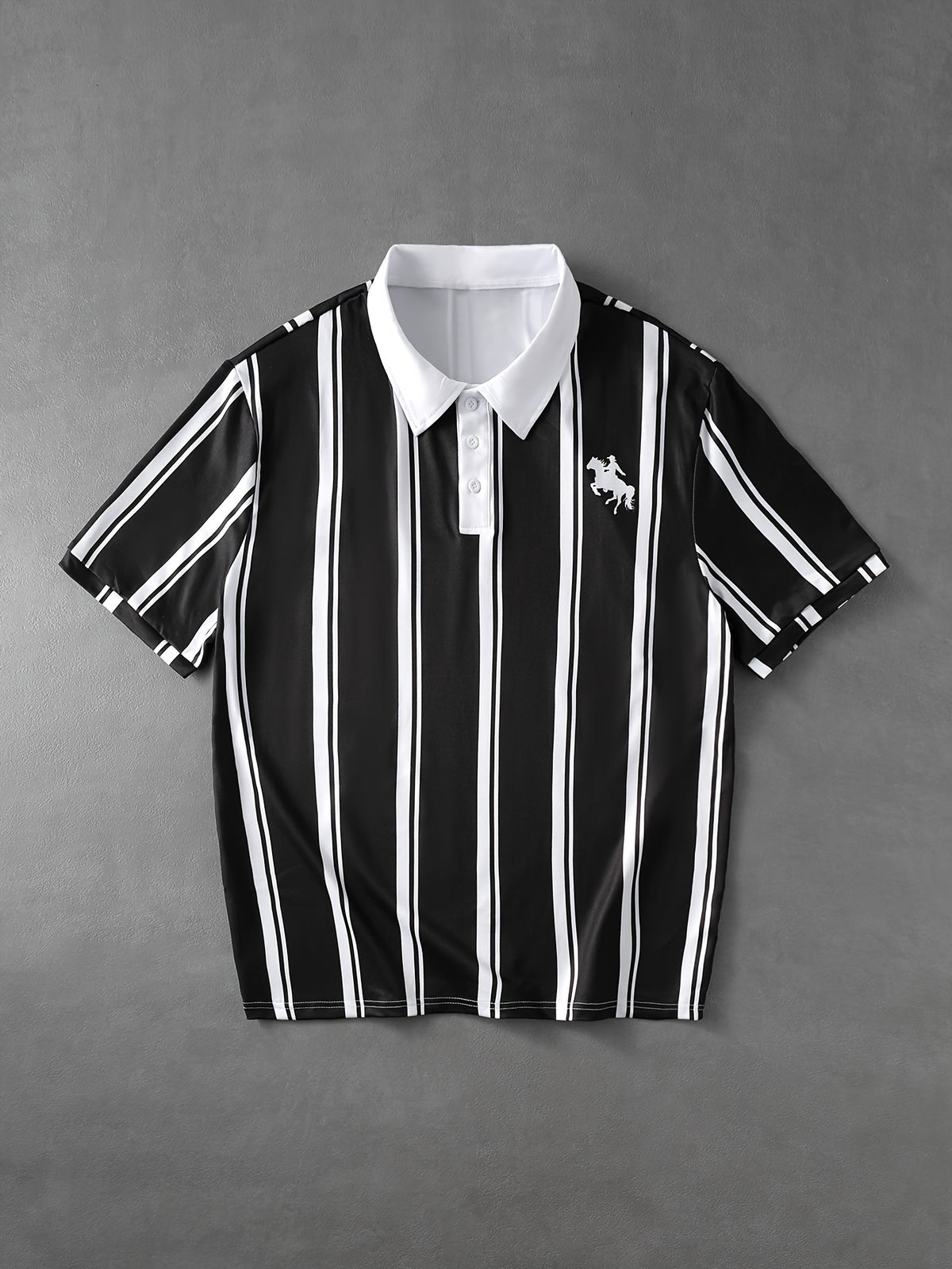 Men's Black and White Vertical Stripe Polo Shirt, New Summer Business Casual Short Sleeve T-Shirt, Horse Logo Loose Fit Top, Daily Casual Basic Top, Versatile Apparel for Home and Outings - Mixed colors