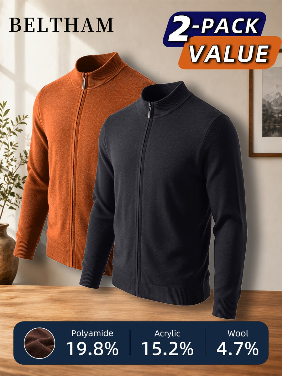 2pcs New Spring Autumn Winter Men'S Knit Cardigan, Ideal Gift for Father And Husband, Solid Color Zipper Design Sweater, Elegant Versatile Knit Cardigan Coat, Suitable for Daily Casual Business Sports Outdoor Camping Fishing Wear - Orange+Dark Gray