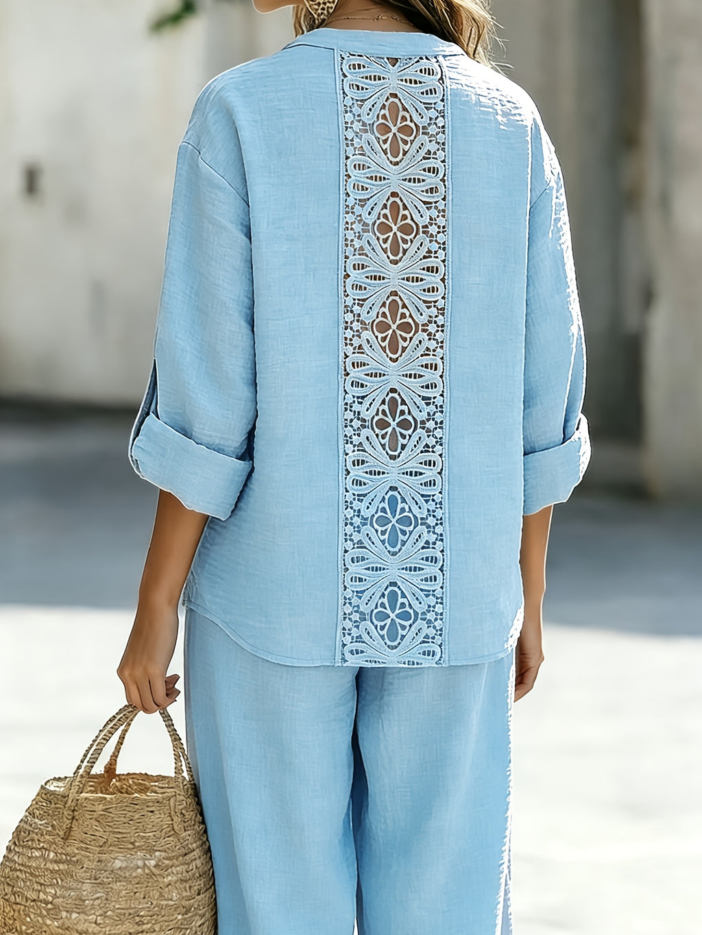 Spring/Summer Loose-Fit Shirt and Wide-Leg Pants 2pcs Set for Women, with Lace Cut-Out Back Design, a Lazy, Casual, and Commuter-Friendly Temperament Set 2A11794 - Light Blue