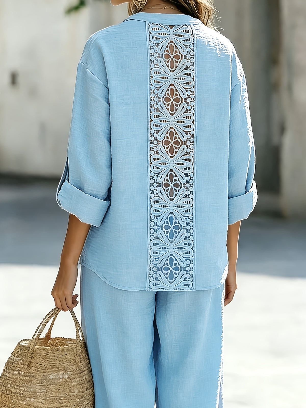 Spring/Summer Loose-Fit Shirt and Wide-Leg Pants 2pcs Set for Women, with Lace Cut-Out Back Design, a Lazy, Casual, and Commuter-Friendly Temperament Set 2A11794 - Light Blue