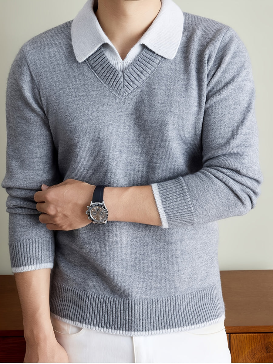 Men'S Thickened V-Neck Pullover Long Sleeve Faux Vest Knit Sweater, Autumn/Winter Style, Light Mature Business Casual - 【Light Grey】