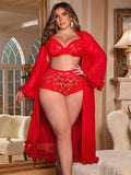 Plus Size French Sexy Mesh Lace Robe Set, Ruffled Cuffs Tie-Front Robe, Deep V Lace Bra High-Waist Tummy Control Lace Shorts, Home Casual Pajamas Lightweight Breathable Comfortable Atmospheric, Lace Lingerie 3pcs Set, Sexy Home Wear Set - Red