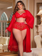 Plus Size French Sexy Mesh Lace Robe Set, Ruffled Cuffs Tie-Front Robe, Deep V Lace Bra High-Waist Tummy Control Lace Shorts, Home Casual Pajamas Lightweight Breathable Comfortable Atmospheric, Lace Lingerie 3pcs Set, Sexy Home Wear Set - Red