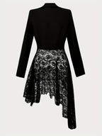 Women'S Fashion Cinched Waist Lace Patchwork Irregular Suit Jacket, Elegant for Daily Life - Black
