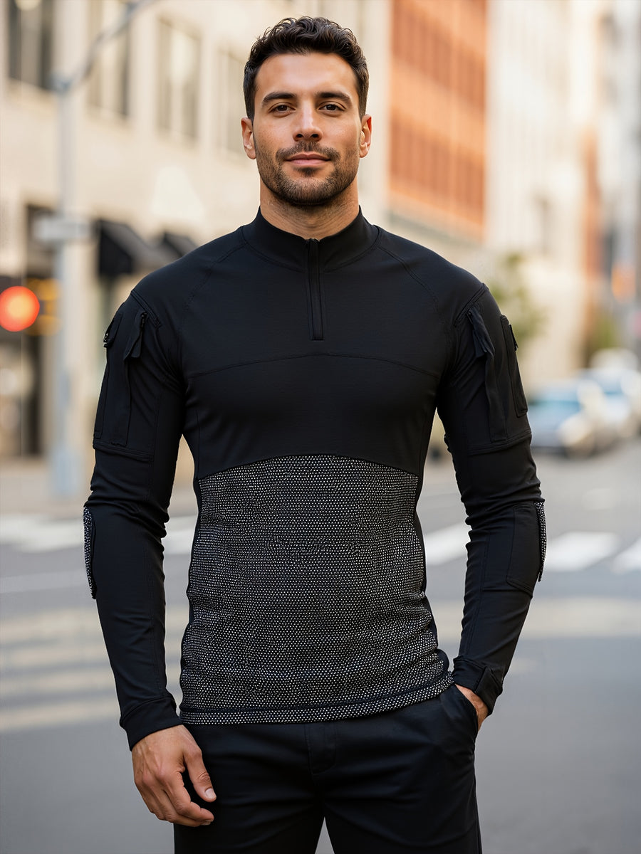 ESDY 1-Piece Men's Stand Collar Tactical BDU Sweatshirt, Large Mesh Breathable Half-Zip Outdoor Combat Top, Chest and Back Mesh Breathable Training Wear - Pure Black
