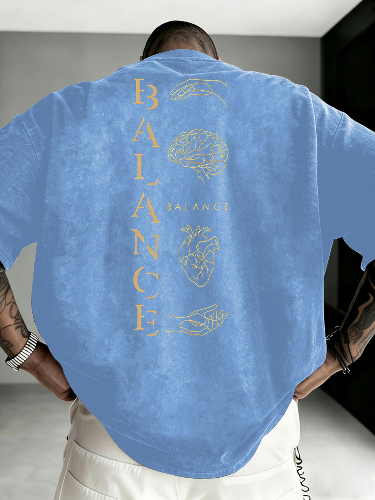 Men'S Distressed BALANCE Balance Print T-Shirt, Regular Casual Round Neck Short Sleeve, Minimalist Niche Trendy Top - Light Blue