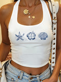 Summer Seaside Halter Neck Vest Women Starfish Shell Print Short Navel Top Spicy Slim Vest Elastic Slim Spicy Sleeveless Base Daily / Vacation Outerwear Versatile And Unique Style - White