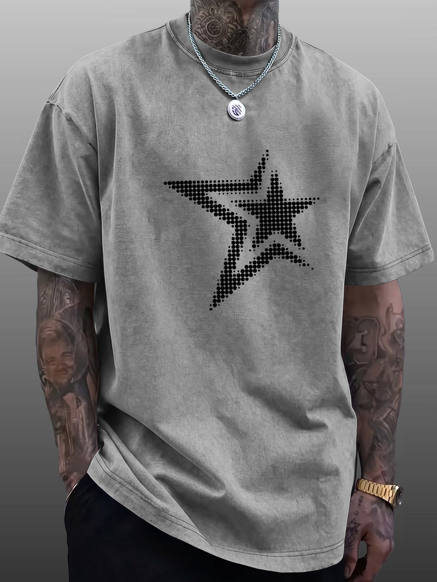 Men's Short-Sleeve T-Shirt, Pure Cotton Loose Fit Washed Distressed Half-Sleeve Top, Dot Matrix Overlapping Double Five-Star Trendy Reverse Double-Sided Print, Multiple Colors for Mix & Match, American Streetwear High Street Hip-Hop Y2K National - Grey