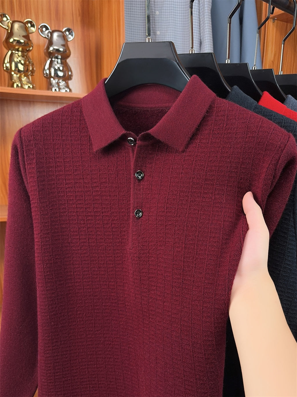 Autumn Winter Knit 3D Solid Color Lapel Sweater, Basic Knit Pullover Top for Men, Fashionable Long Sleeve Sweater HJ - Burgundy color