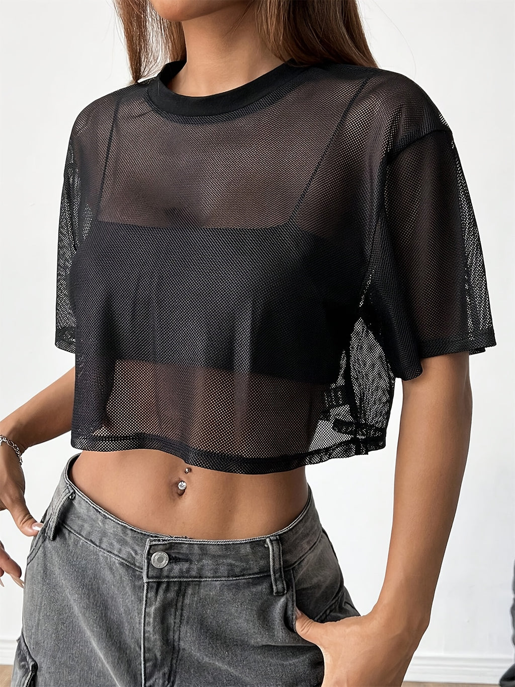 European and American Fashion Digital Short Spliced Sports Round Neck Solid Color T-Shirt Top - Black