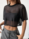 European and American Fashion Digital Short Spliced Sports Round Neck Solid Color T-Shirt Top - Black