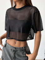 European and American Fashion Digital Short Spliced Sports Round Neck Solid Color T-Shirt Top - Black