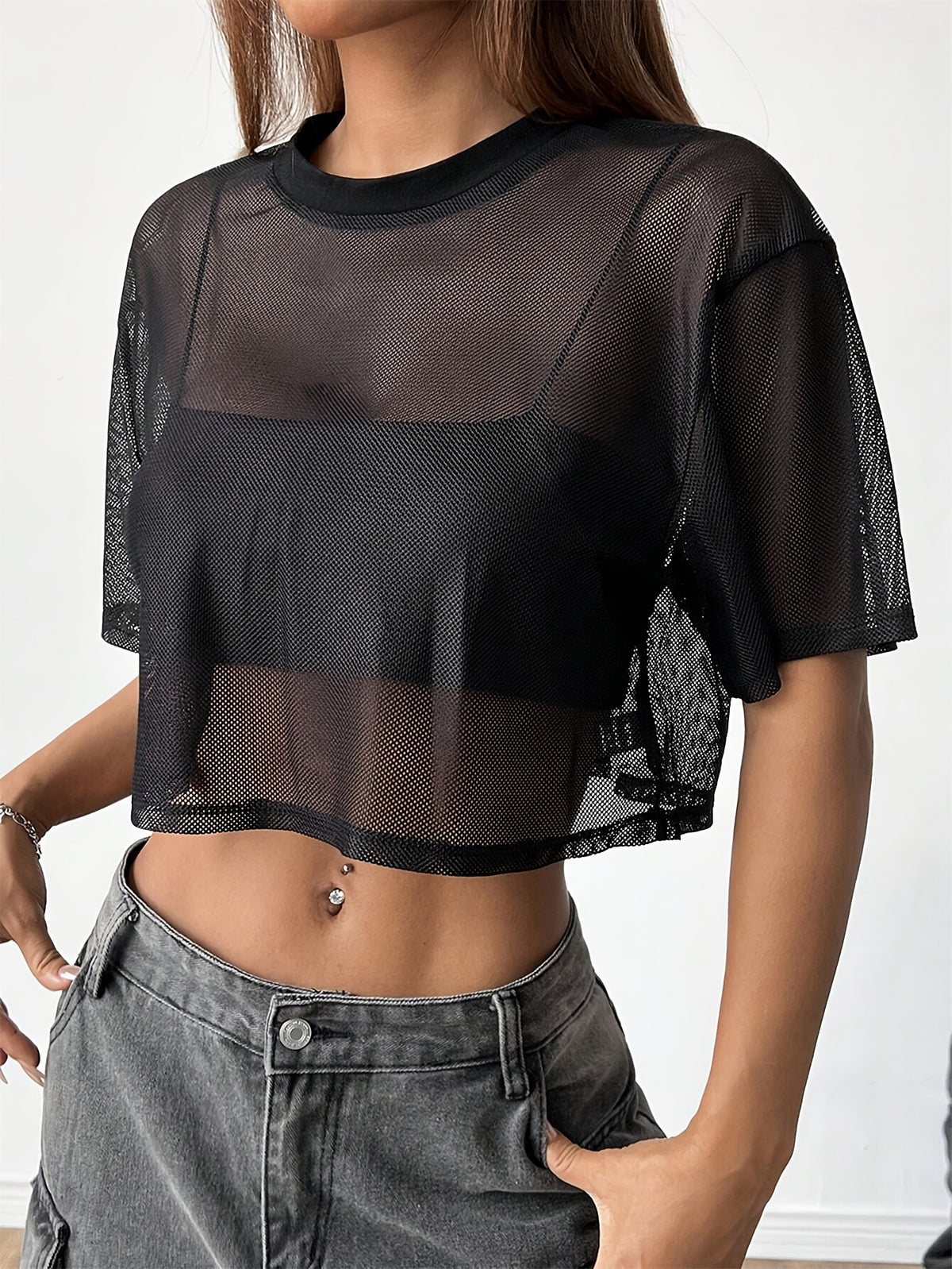 European and American Fashion Digital Short Spliced Sports Round Neck Solid Color T-Shirt Top - Black