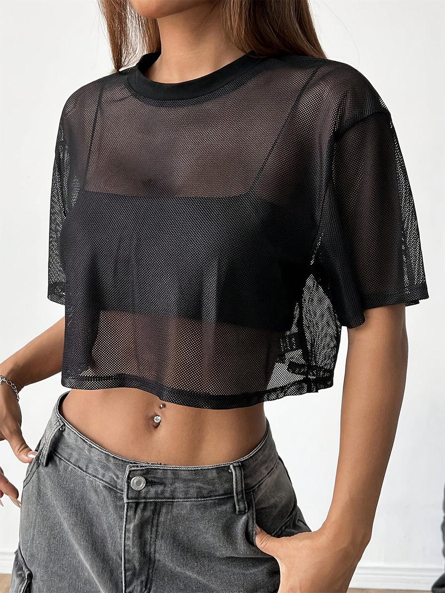 European and American Fashion Digital Short Spliced Sports Round Neck Solid Color T-Shirt Top - Black