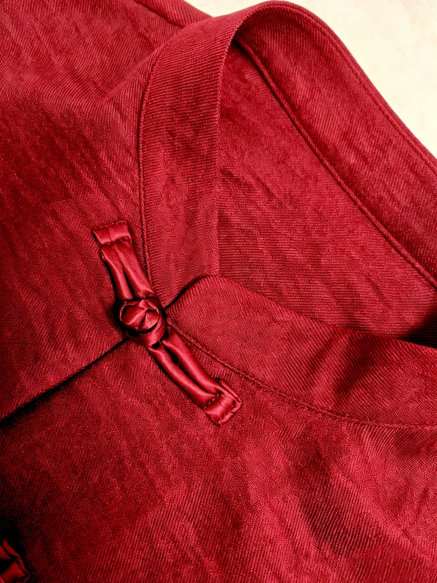 Spring Summer Easy Relaxed New Chinese Style Stand Collar Front Button-Up Long Sleeve Shirt - Red