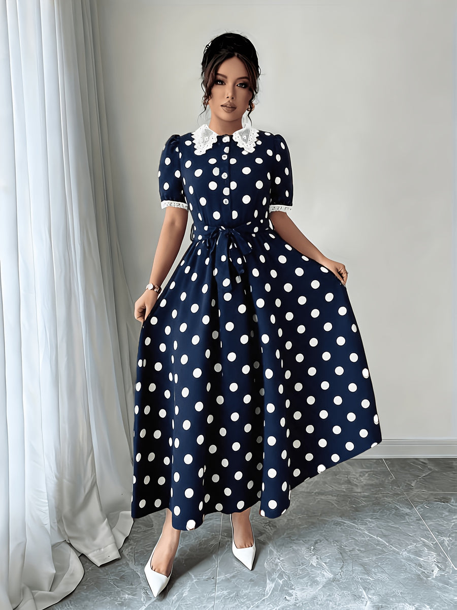 Elegant Lace-trimmed Polka Dot Color-block Long Dress with Waist Tie for a Fit - Navy Color