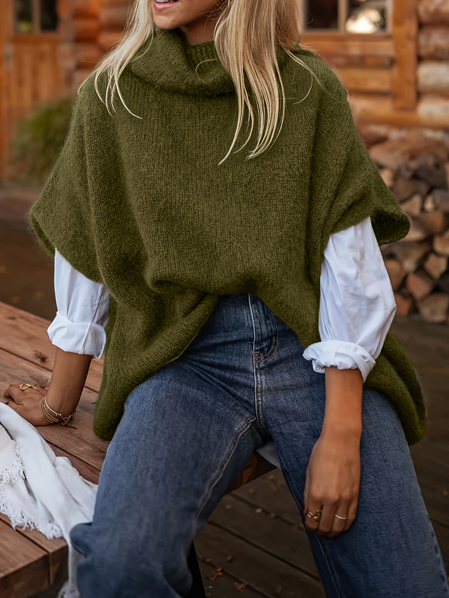 WY0813037 New Autumn Winter European and American Fashion Solid Color High Neck Comfortable Shawl Cape Sweater for Women 2025 - Olive Green