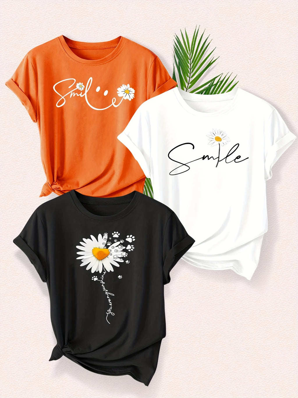 Smiling Letter Small Flower Series 3pcs Mixed Pack, Family Pack, Sisters Pack, Printed Fashion Vintage Style Women's Summer Casual Sporty Style Round Neck Short Sleeve T-Shirt, Multiple Colors Available, Sizes S-XXL - Black And White Orange