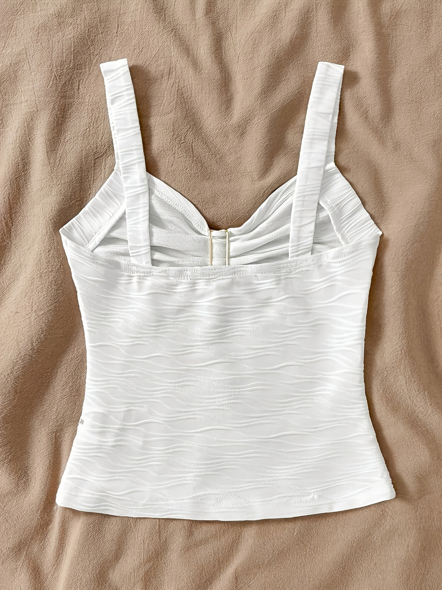 Women'S Pure Innocent Style Wavy Texture Cami Top, Summer New Metallic Floral V-Neck Slim Short Inner Top - White