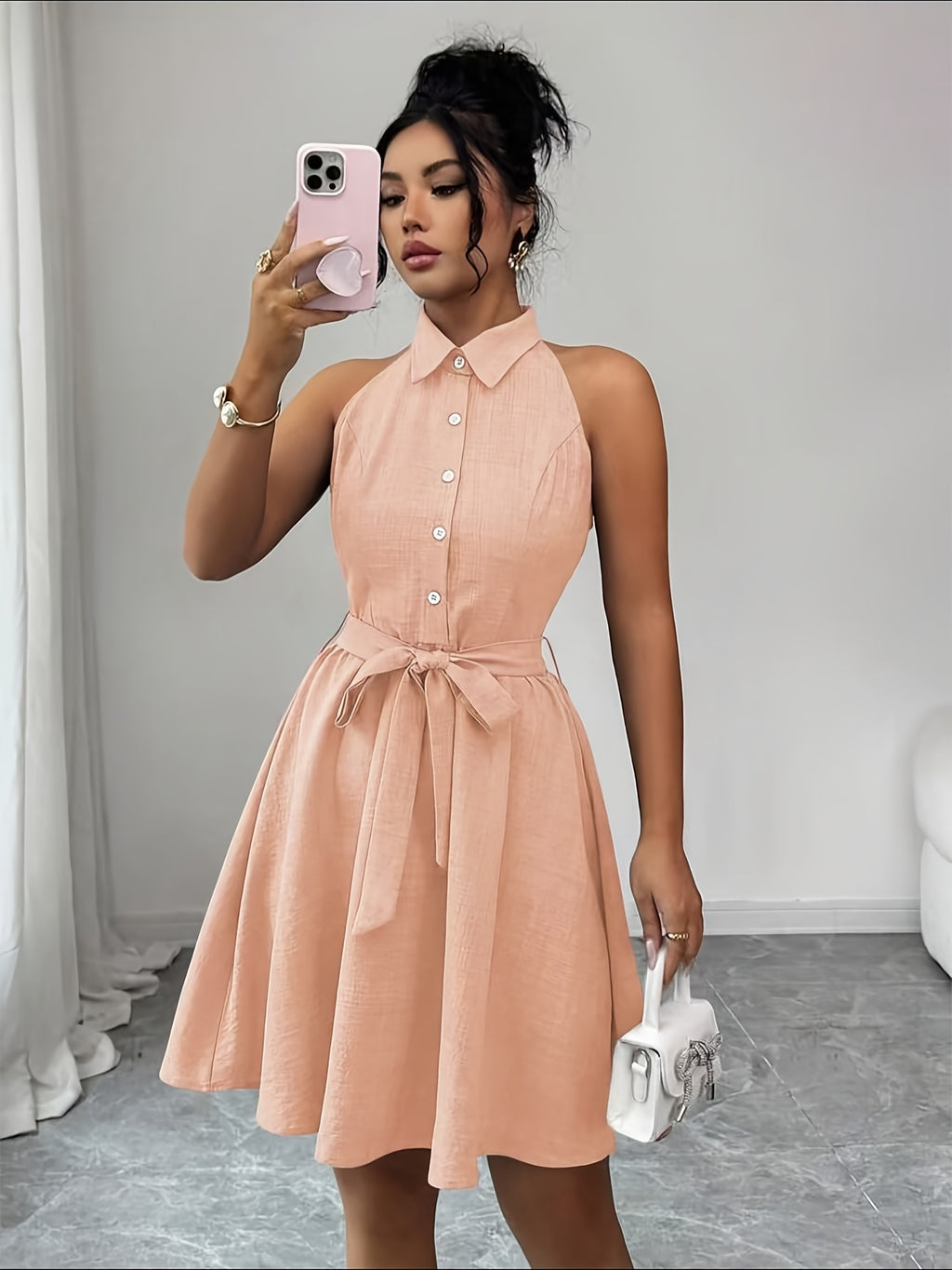 Elegant, Exquisite And Fashionable Lapel Sleeveless Dress - Pale Pinkish Gray