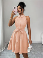 Elegant, Exquisite And Fashionable Lapel Sleeveless Dress - Pale Pinkish Gray