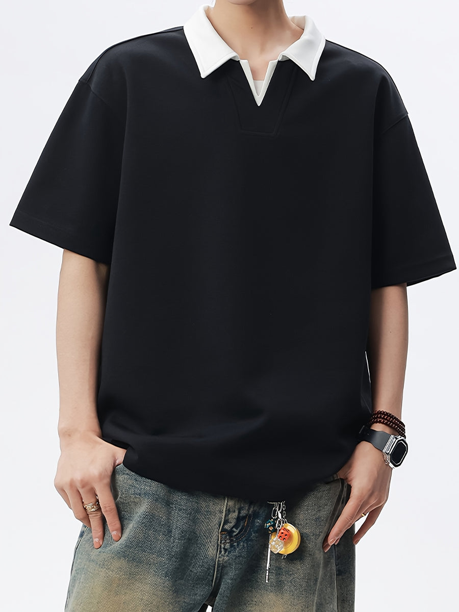 Summer Lapel Short Sleeve Polo Shirt Men'S Loose Premium V-Neck Design Versatile Short Sleeve Top - Black