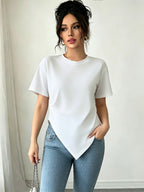 Women's Summer Round Neck Irregular Diagonal Hem Short Sleeve T-Shirt with Side Pleats, Waist-Defining Slim Fit, Unique Niche Design, Versatile Solid Color Pullover Top - White