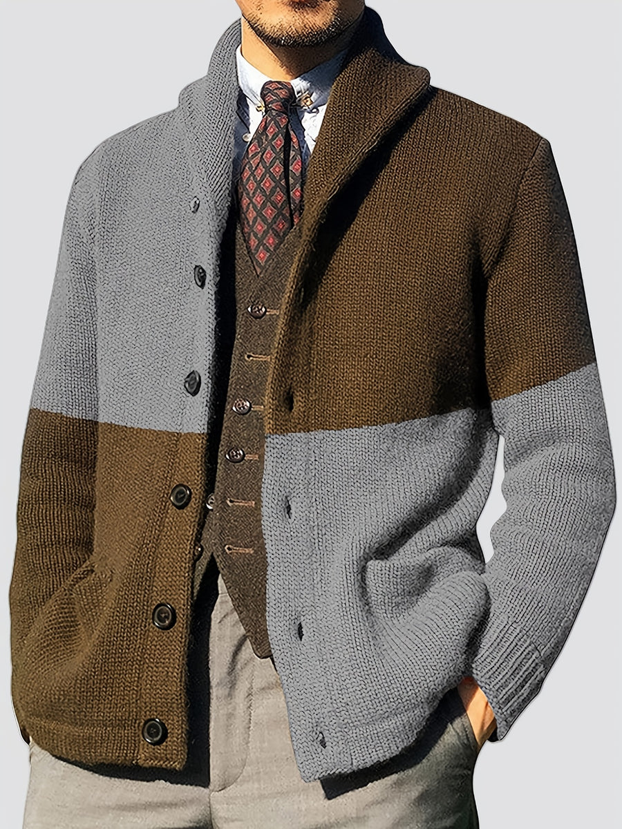 Men'S Elegant Patchwork Lapel Knit Cardigan, Unisex Color-Block Sweater Button-Up Jacket, Fashionable Casual Sweater for Men, Regular Fit for Spring And Autumn - Grey