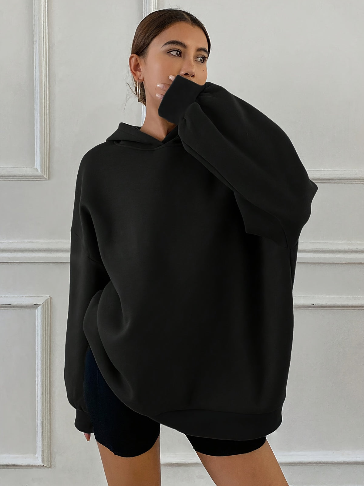 Fashion Influencer Women'S Hooded Loose Fleece Warm Long-Sleeved Sweatshirt - Black