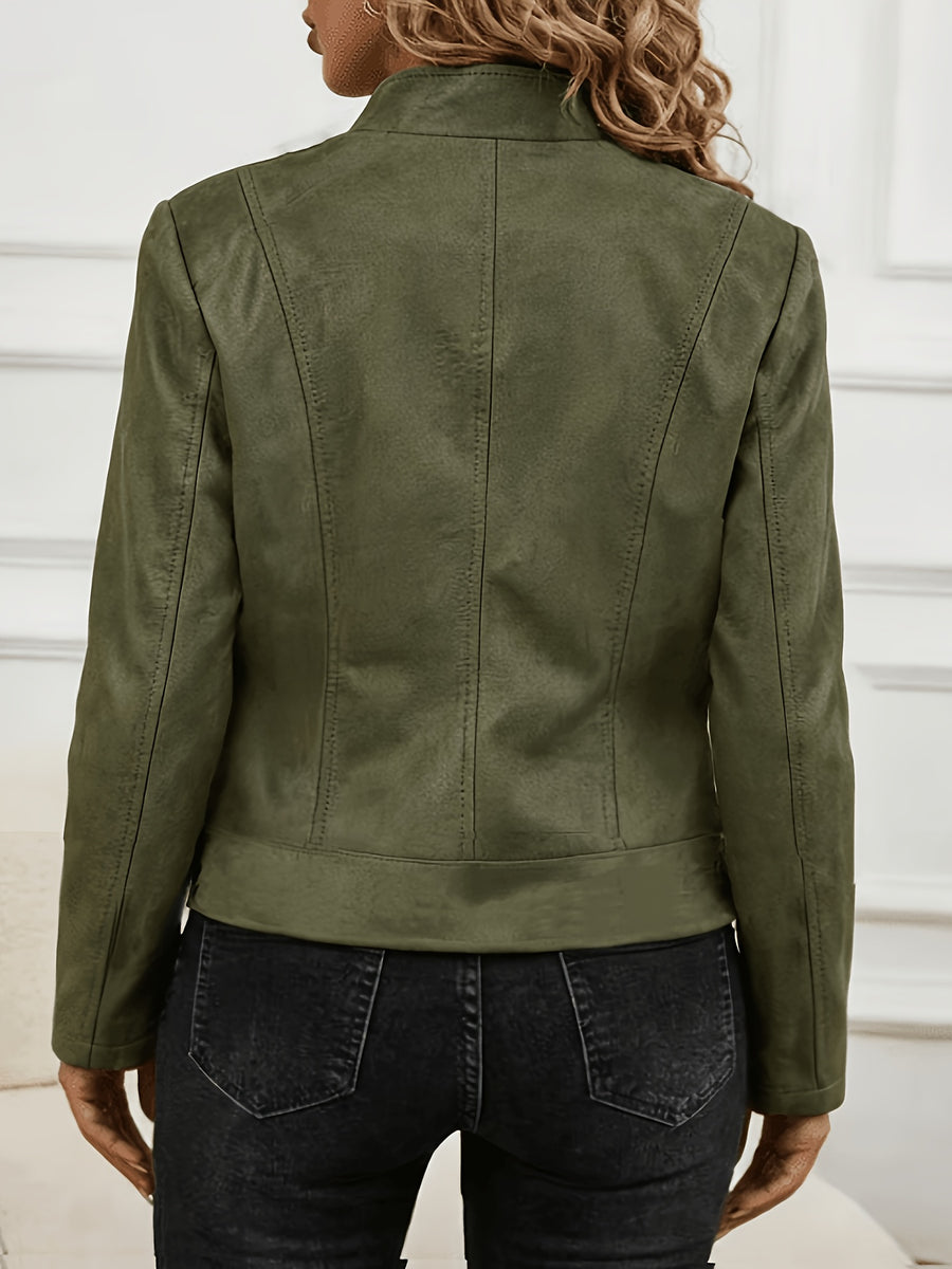 Plus Size Women'S Elegant Jacket - Soft Stretch Fabric, Metallic Zipper Design Spring/Autumn Outerwear - Olive