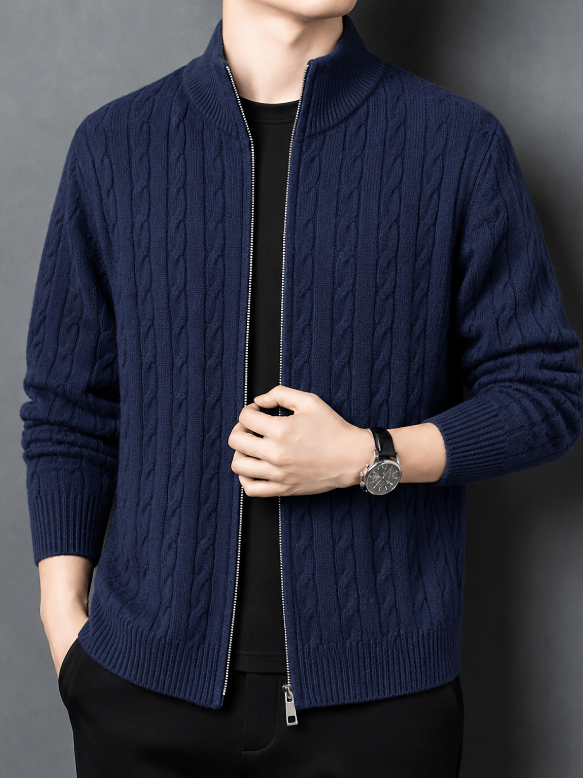 [Wading Whale OBM] Spring/Autumn New Men'S Knit Cardigan, Old Money Style Solid Striped Zipper Front Stand Collar Cardigan for Men, Business Casual Fashion Knitwear, Suitable for Spring, Autumn, Winter Layering Or Outerwear, Fits Daily Casual - Navy Color