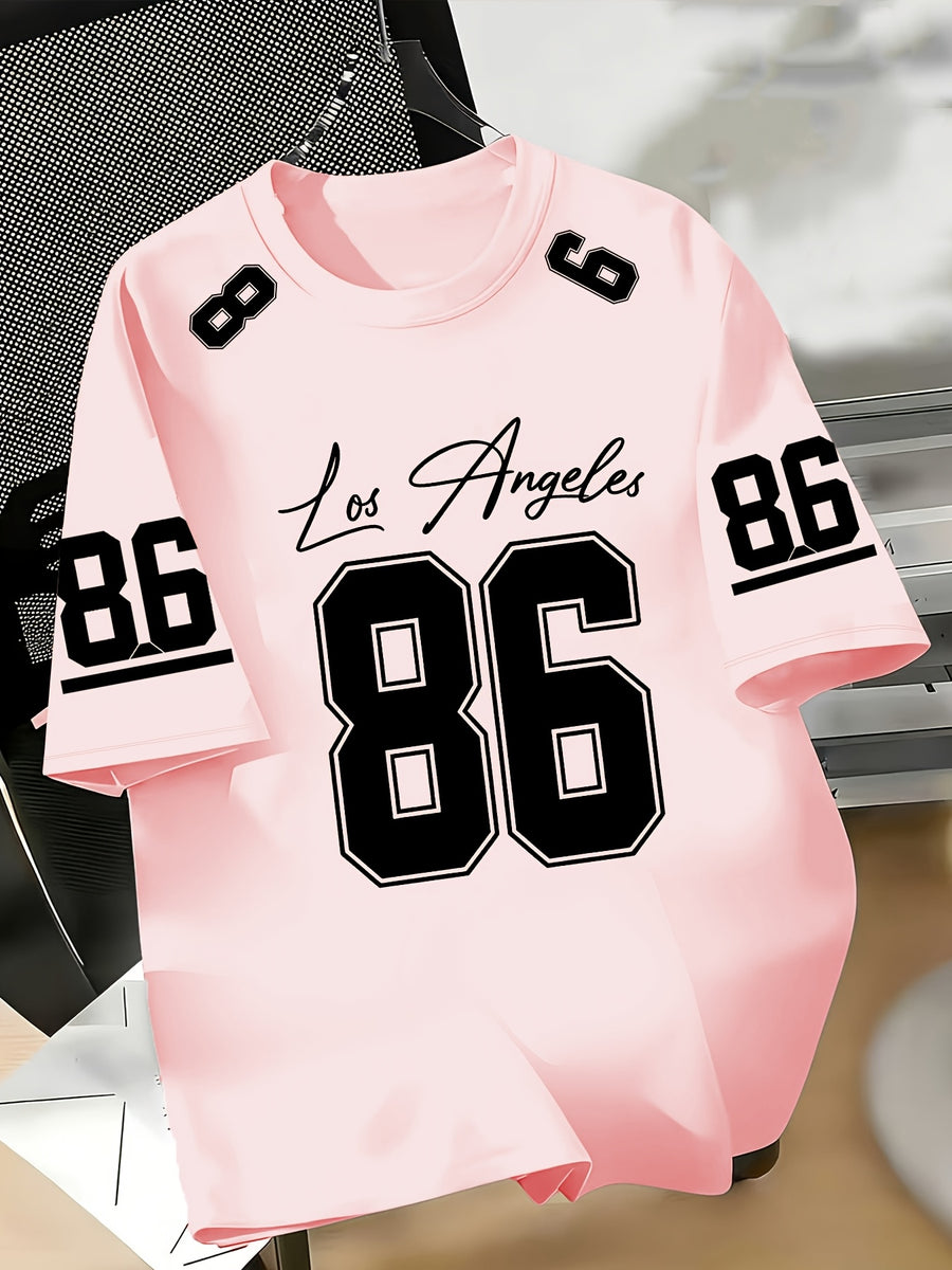 Women's Los Angeles No.86 American Football Jersey T-Shirt - Short Sleeve Crew Neck Pullover with Number 86 Print, Casual Swear Suitable for Football Fans, Machine Washable Apparel - Light Pink Color