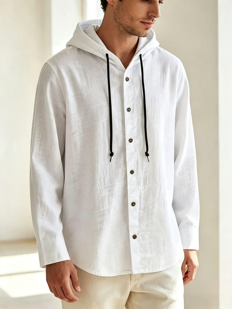Men'S Solid Color Hooded Long Sleeve Shirt, Summer Breathable Casual Linen Top, Lightweight Loose Trendy Jacket - White
