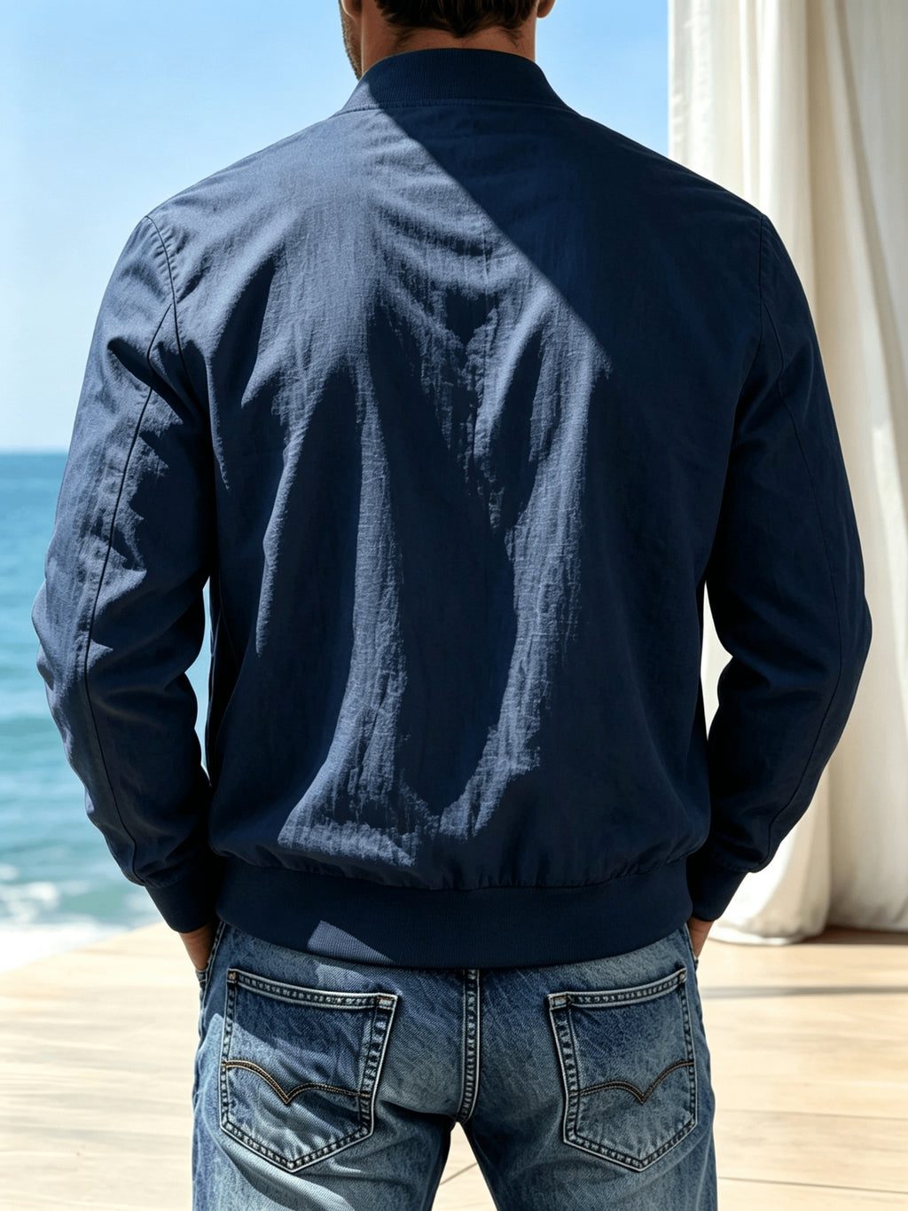 Spring Summer Linen Washed Pleated Baseball Collar Jacket Men'S MILANO Letter Print Thin Breathable Coat Middle-Aged Dad Loose Zipper Cardigan Multi-Color Versatile Commute Casual Outerwear Baseball Uniform Top, Transitional Bomber Jacket - Navy Color
