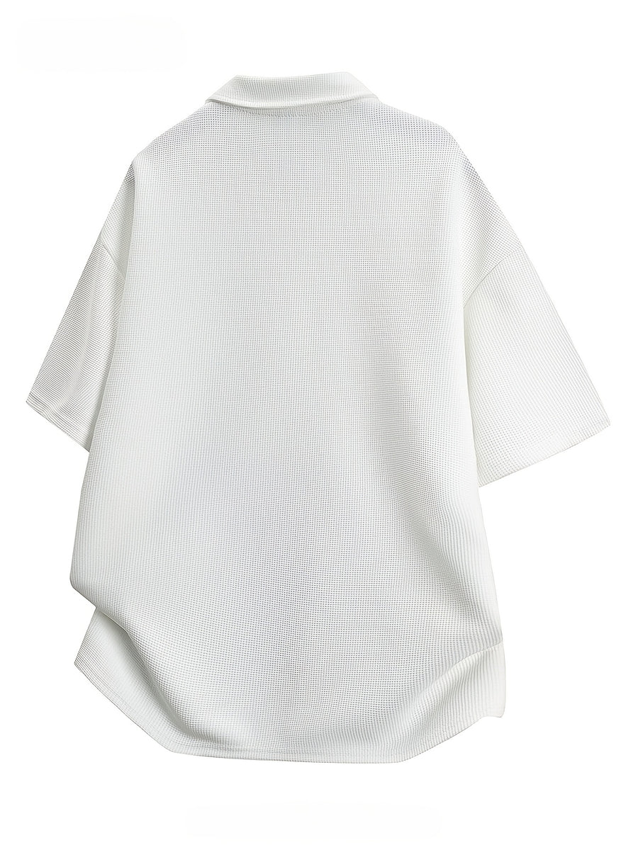 Men'S Waffle Half-Zip Polo Shirt, Casual Oversized Short Sleeve T-Shirt with Inspirational Print, Suitable for Street Style And Daily Wear - White
