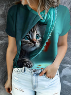 Summer Fashion  Women's Cat Print T-Shirt, Casual Crew Neck Short Sleeve Top, Cute Kitten Pattern Top, Teal Gradient Daily Wear Top - Mixed colors
