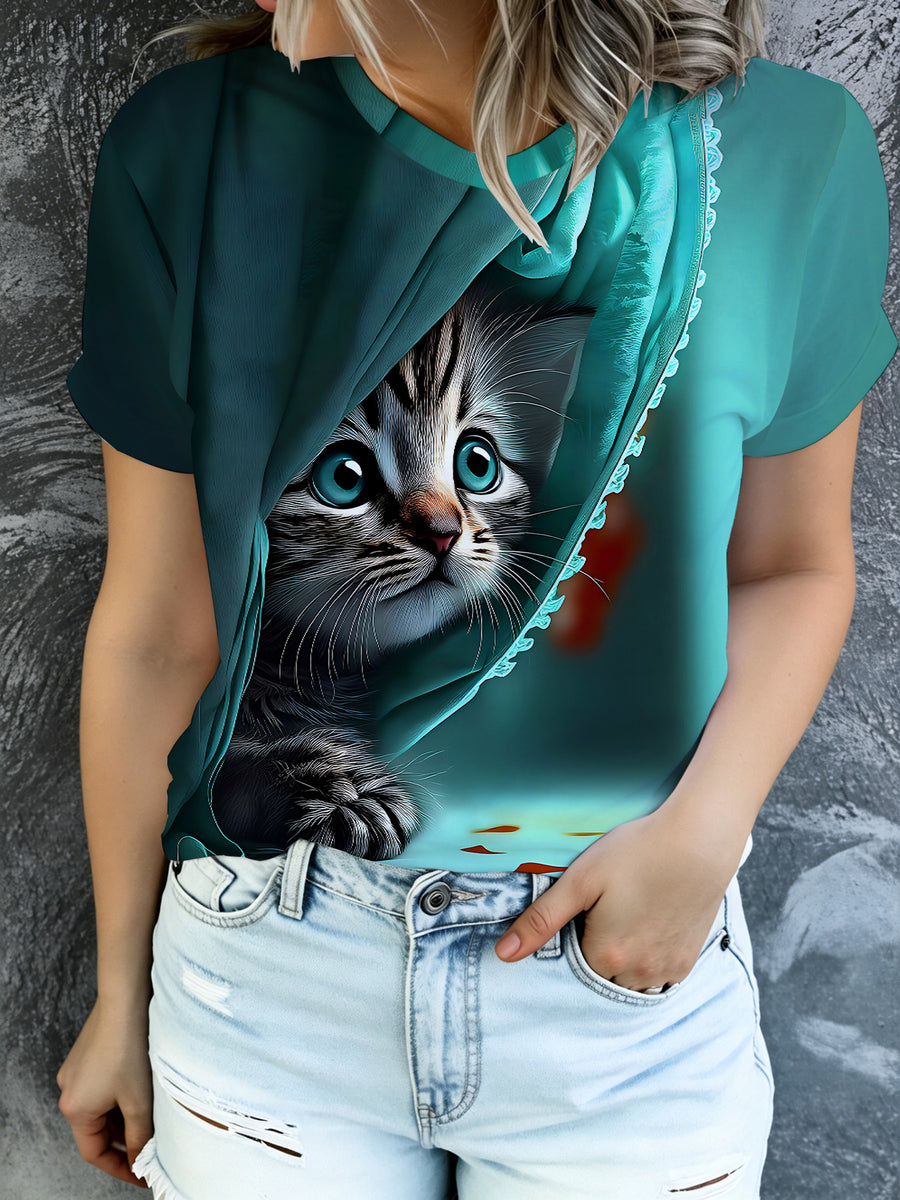 Summer Fashion  Women's Cat Print T-Shirt, Casual Crew Neck Short Sleeve Top, Cute Kitten Pattern Top, Teal Gradient Daily Wear Top - Mixed colors
