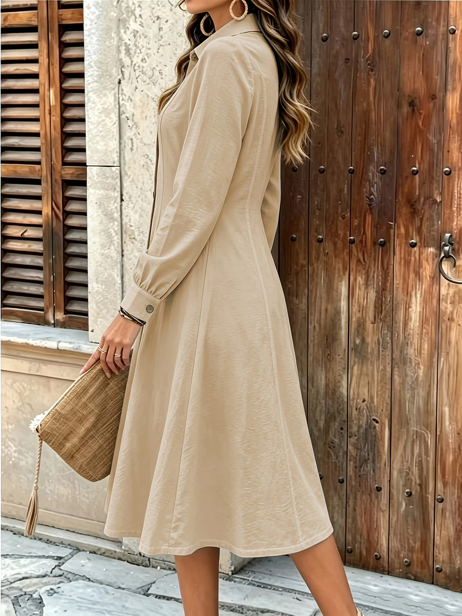 Women'S Elegant Solid Color Long Sleeve Dress, Fashionable Button-Detail Waist-Cinching Mid-Length Dress - Khaki