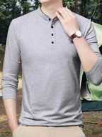 New Spring/Autumn Men's Stand Collar Long Sleeve T-Shirt, Casual Business, Dad's Outfit, Pure Top, Holiday Gift - Granny Gray