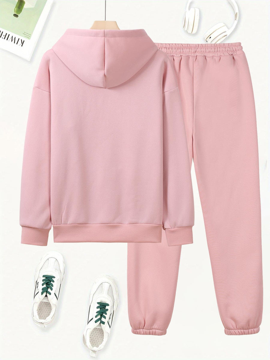 Butterfly Heart Print Hoodie And Pants Set, Casual Long Sleeve Hoodie And Jogger Set, Women'S Hooded Pocket Outfit - Pink Color