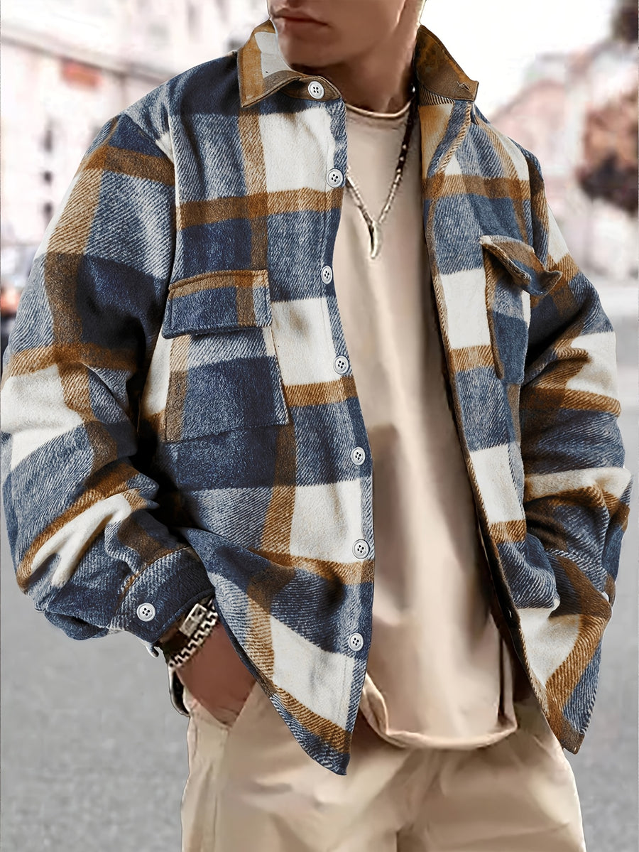 Autumn/Winter Men's Casual Jacket, Vintage Plaid Lapel Long-Sleeve Shirt Top, Button-Up Cardigan Outerwear, Chest Pocket Design, for Outdoor Sports and Daily Wear, Stylish and Versatile Style - Blue