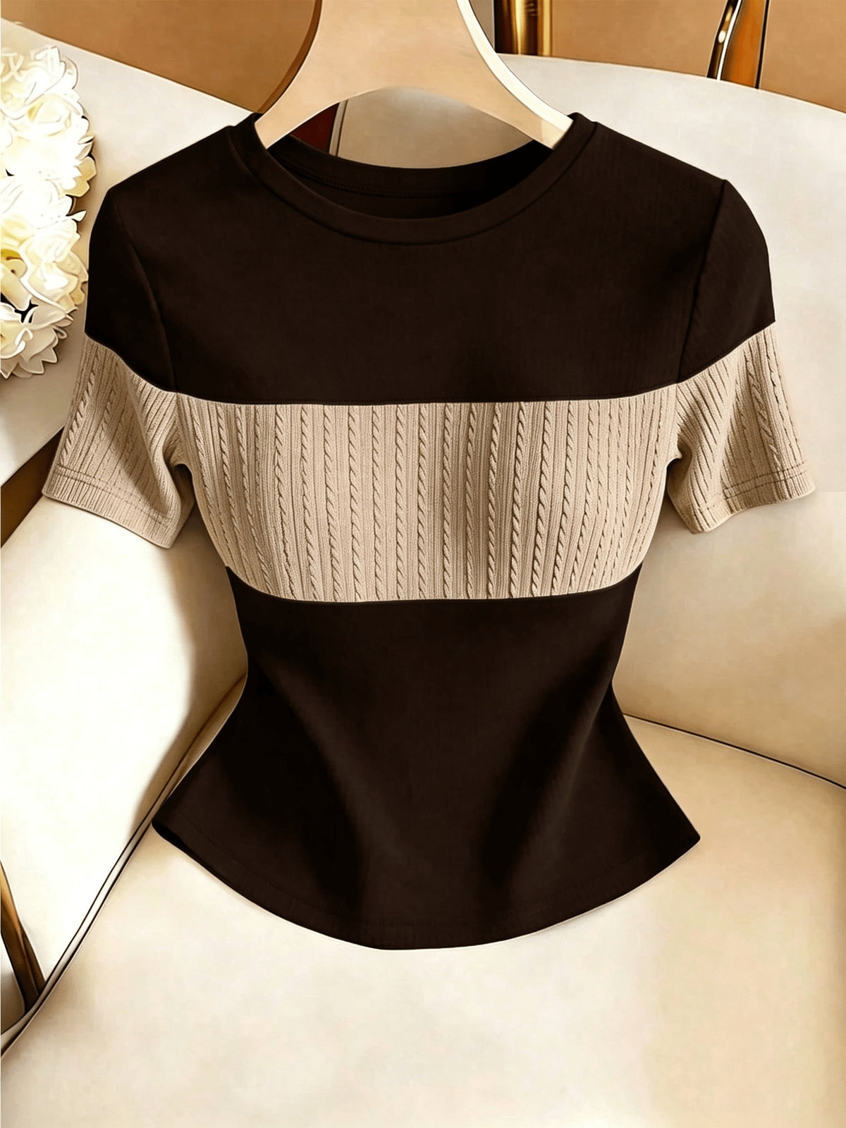 Women'S Casual Muscle Texture Patchwork T-Shirt - Coffee Brown