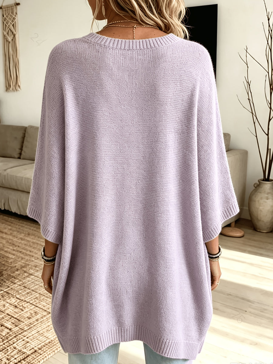 Plus Size, Women's Spring/Autumn Elegant Casual Cute Sexy Middle Eastern Style Spring/Autumn/Winter Solid Color Round Neck Batwing Sleeve Split Hem Irregular Loose Soft Warm Shawl Cape Pullover Sweater Top - Light Purple