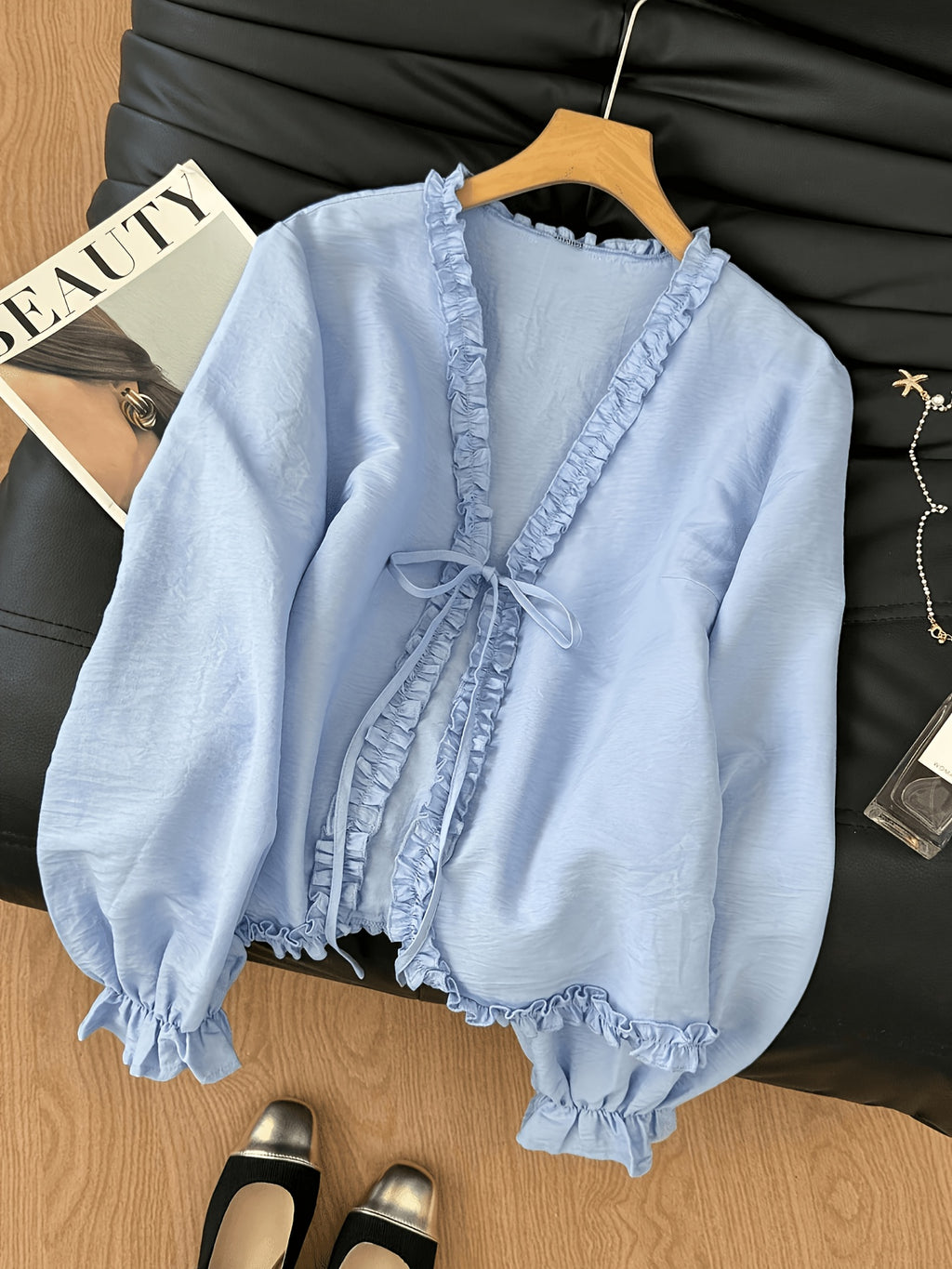 Elegant Solid Color Lace-Up Top - Light Blue