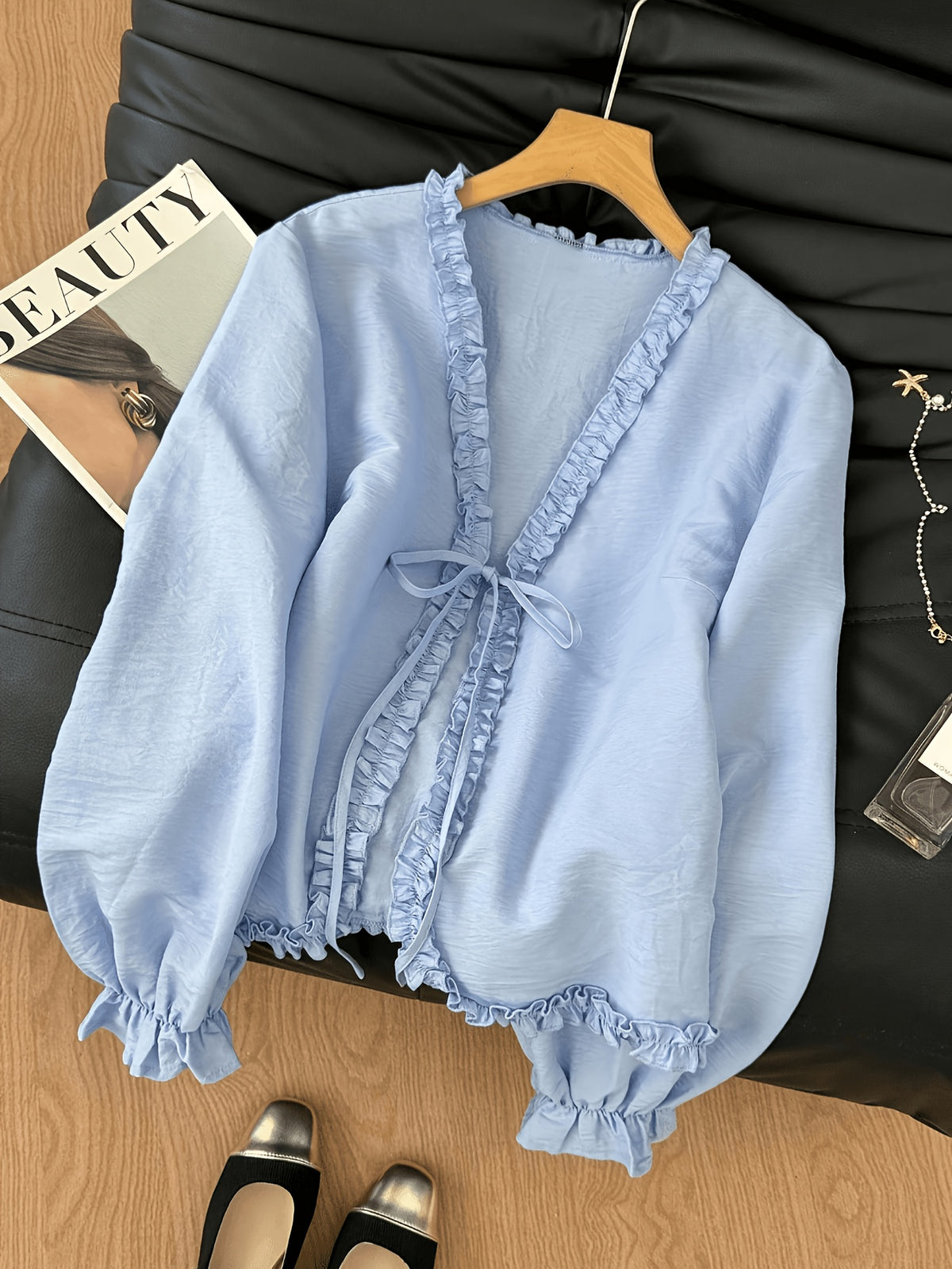 Elegant Solid Color Lace-Up Top - Light Blue