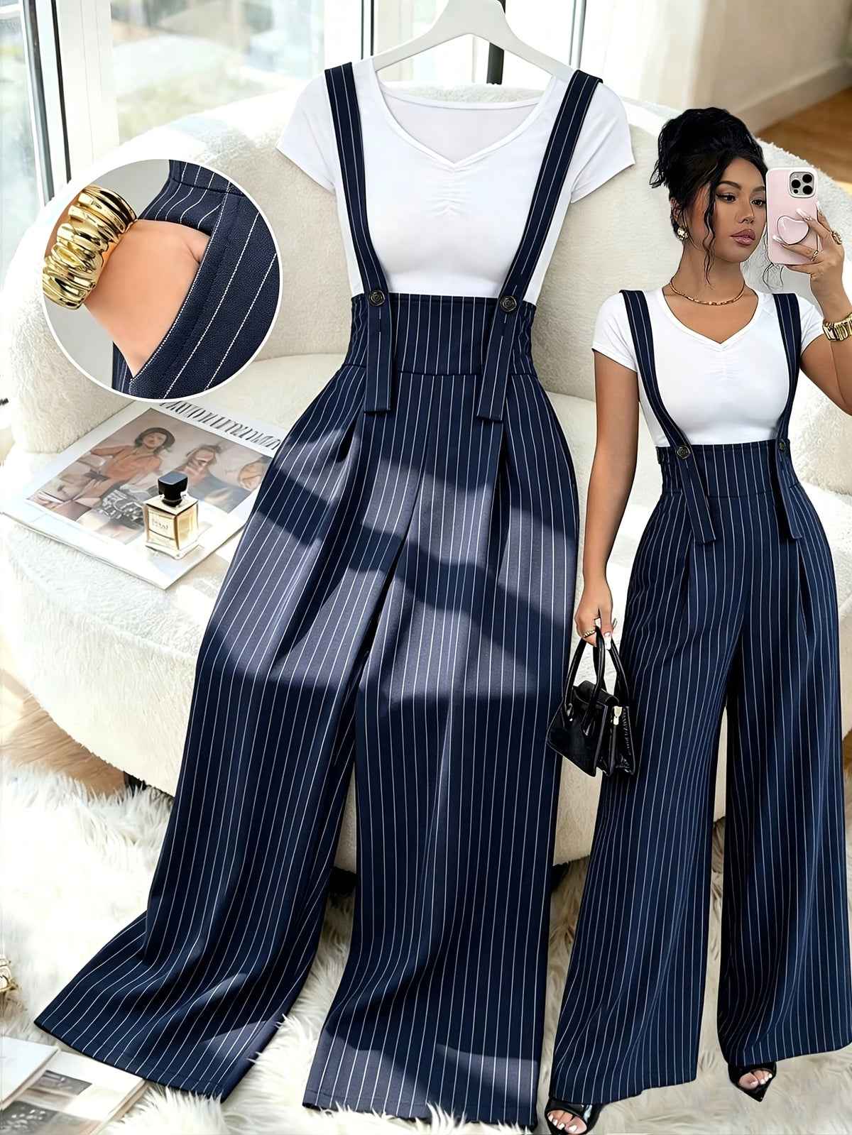 ASD1 New Striped French Elegant Fashion Design High-Waist Straight Wide Loose Casual Daily Versatile Women'S Jumpsuit - Blue And White