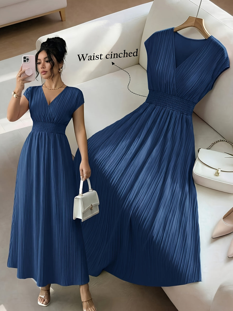 Women's V-neck Sleeveless Midi Dress, Textured Fabric, Cinched Waist Design, Elegant Vacation Style, Spring/summer Collection - Navy blue color