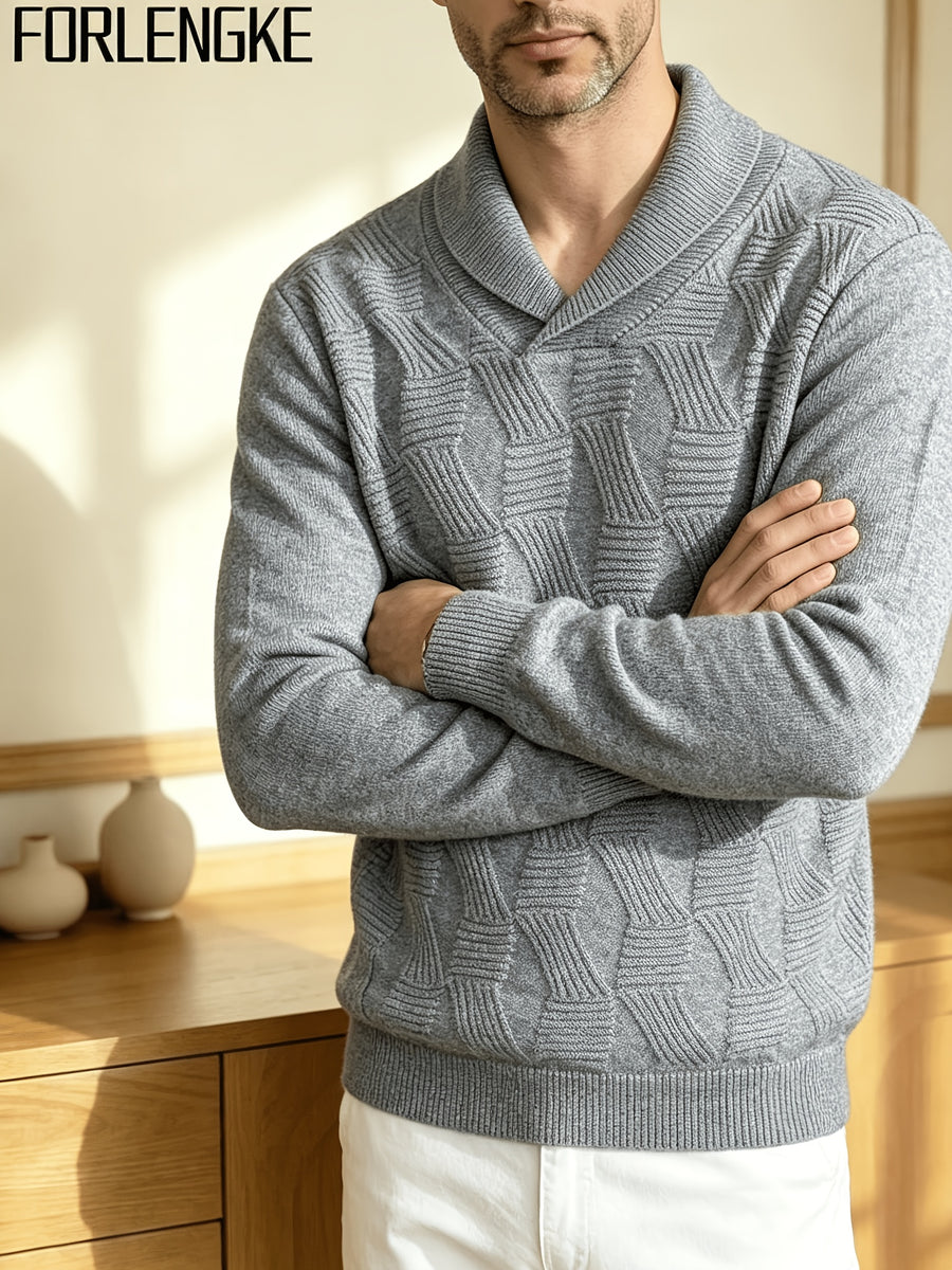 FORLENGKE Men'S Business Casual Shawl Collar Geometric Textured Knit Sweater, Soft Warm Long Sleeve Pullover for Fall Winter Office Daily Wear - Grey
